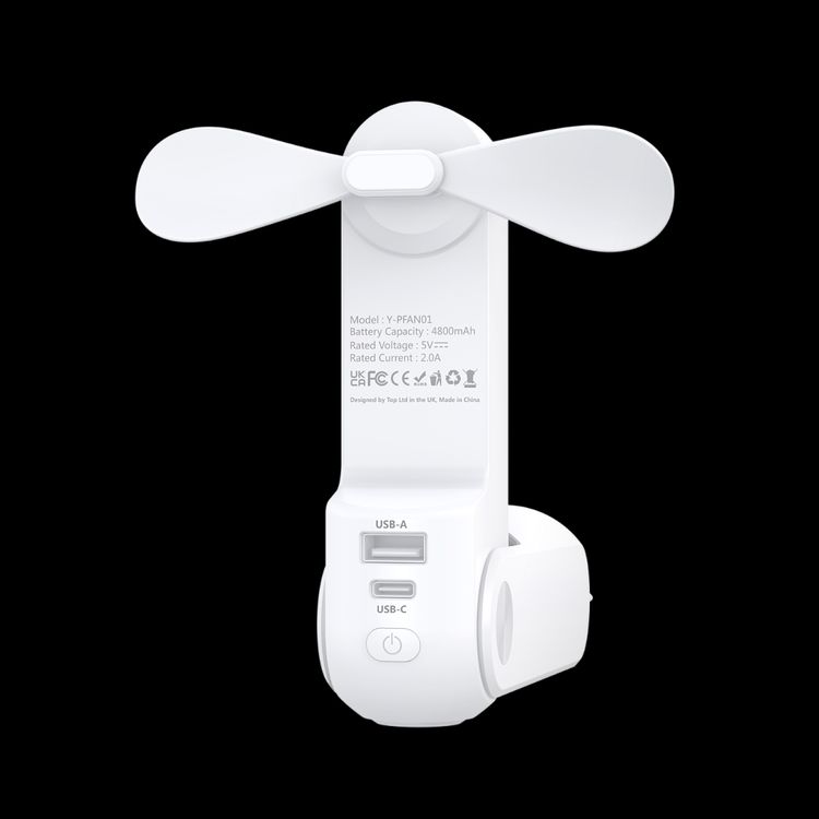 3-in-1 Mini Handheld Fan, Power Bank & Flashlight.