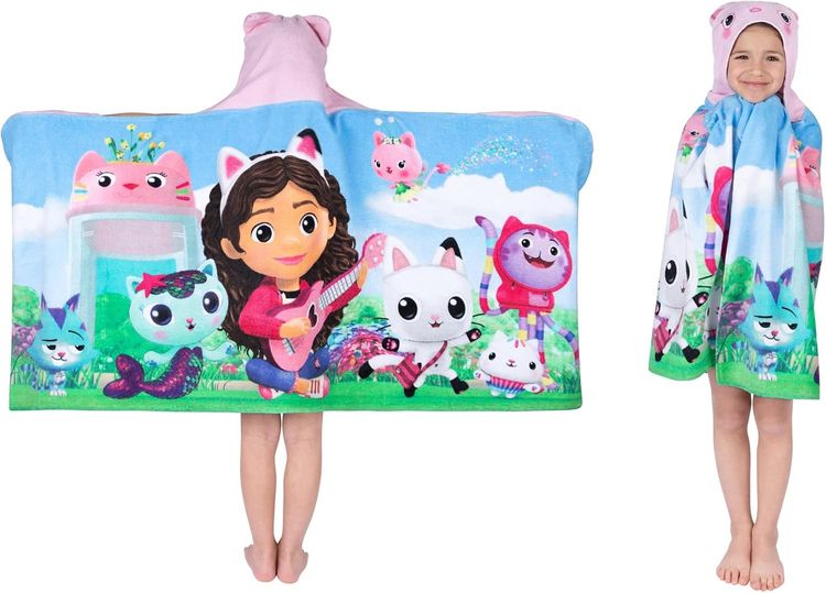 Children'S Hooded Towel Poncho With Cartoon Cat Design