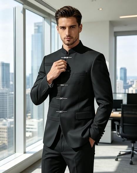 Black Mandarin Collar Suit Jacket With Gold Buttons imagen 3