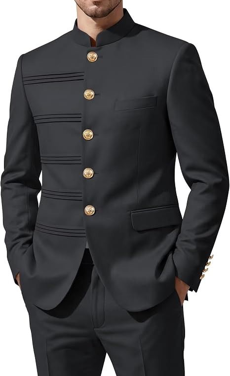 Black Mandarin Collar Suit Jacket With Gold Buttons imagen 5