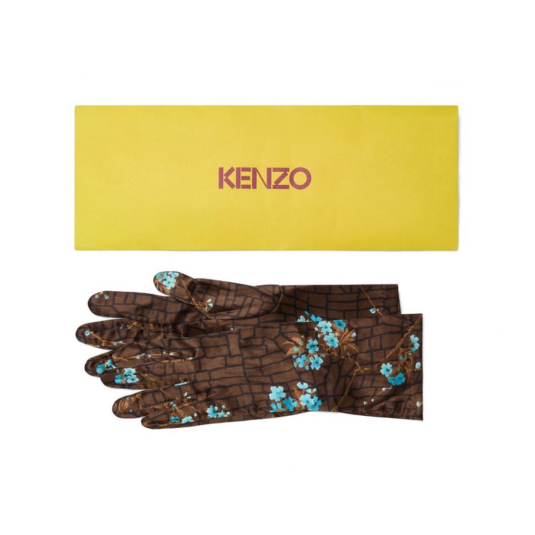 1990s Kenzo Brown and Blue Floral Gloves with Envelope image 1