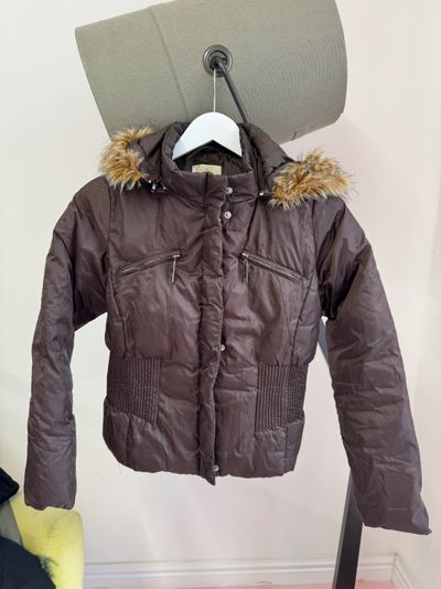 Brown Cinched Puffer Jacket With Faux Fur Hood