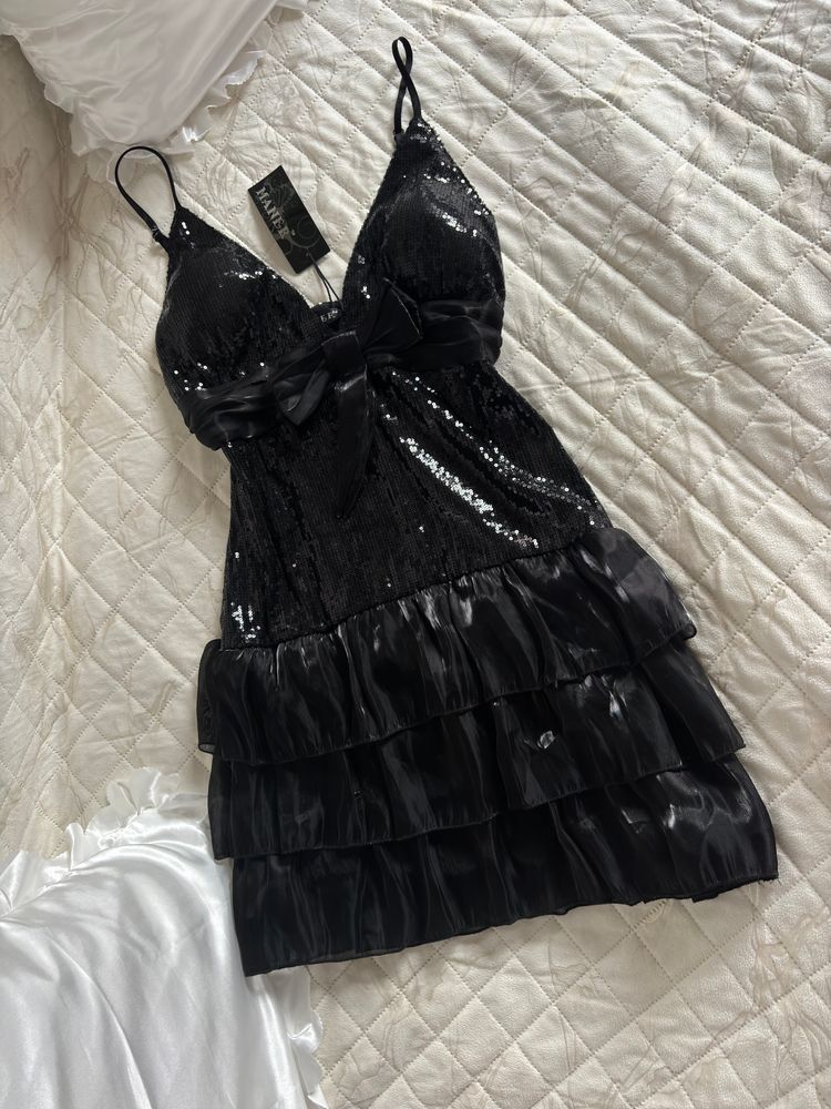 Maner Black Sequin Dress With Bow And Ruffle Hem