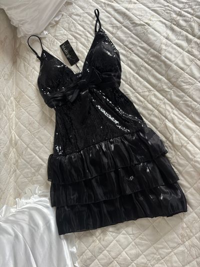 Maner Black Sequin Dress With Bow And Ruffle Hem