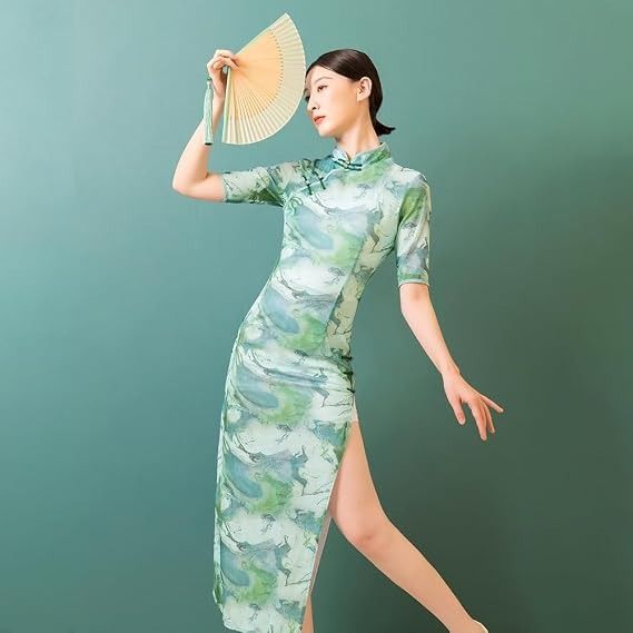 Green Patterned Cheongsam Dress image 2