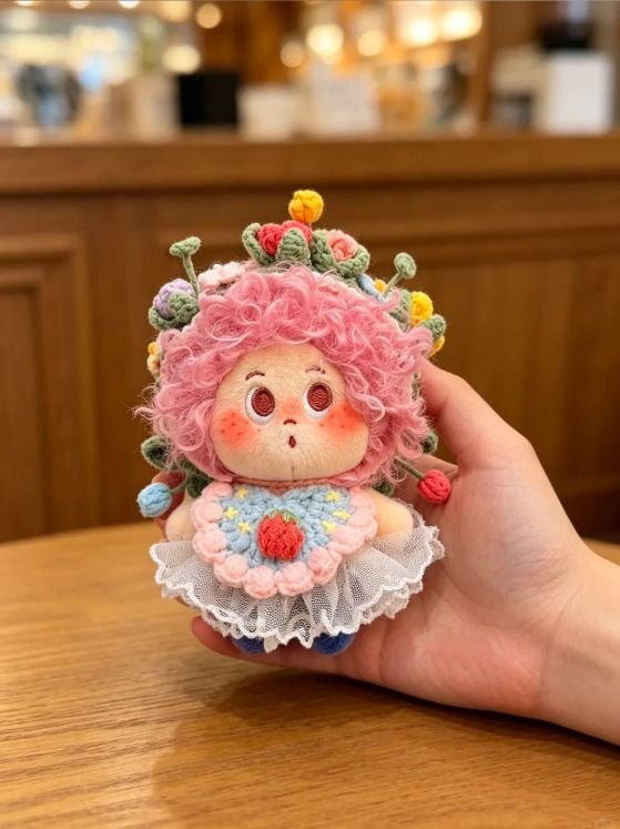 Immagine di Crocheted Doll With Pink Hair And Floral Decorations 2