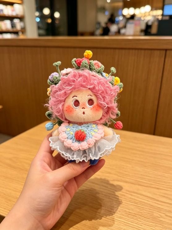 Crocheted Doll With Pink Hair And Floral Decorations