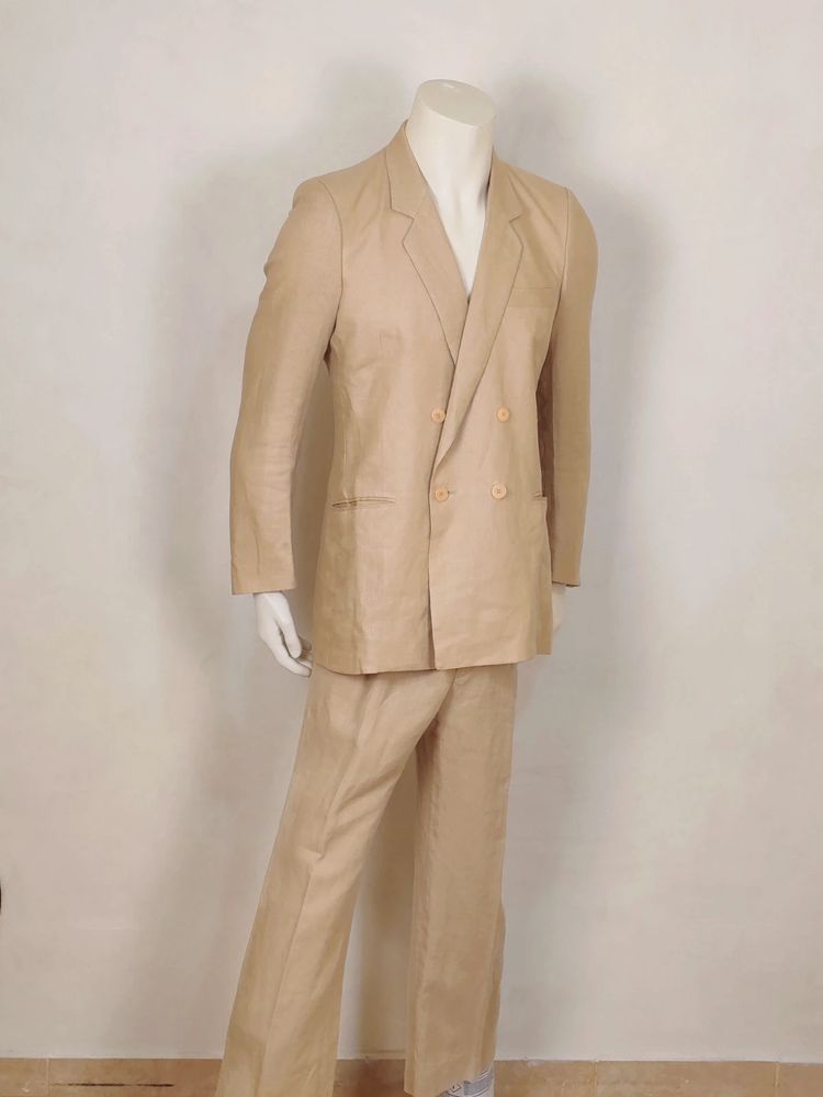 Completo uomo vintage in puro lino beige – Giacca doppiopetto e pantalone – Tg 50 image 1
