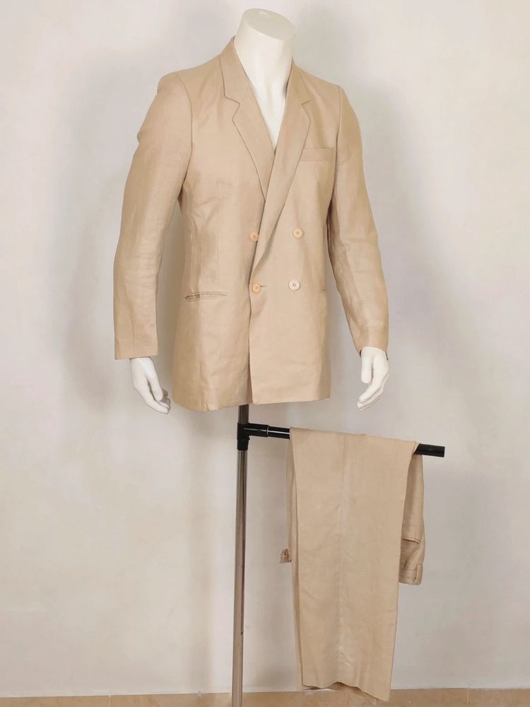Completo uomo vintage in puro lino beige – Giacca doppiopetto e pantalone – Tg 50 image 4