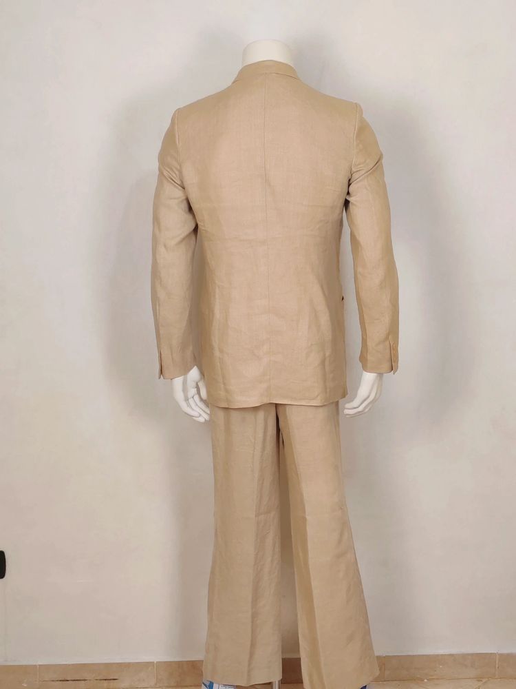 Completo uomo vintage in puro lino beige – Giacca doppiopetto e pantalone – Tg 50 image 2