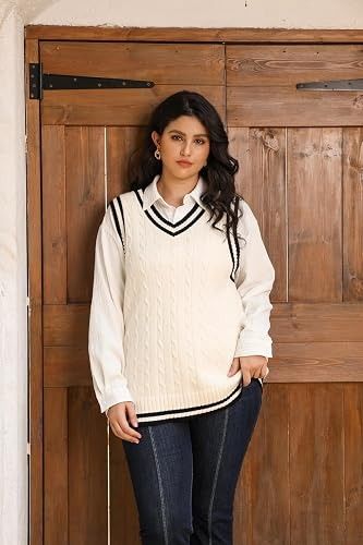 White Cable Knit Sleeveless Sweater Vest With Black Stripes image 5