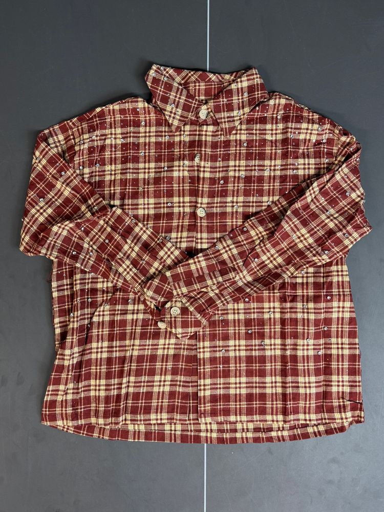 Red And Beige Plaid Button-Up Shirt