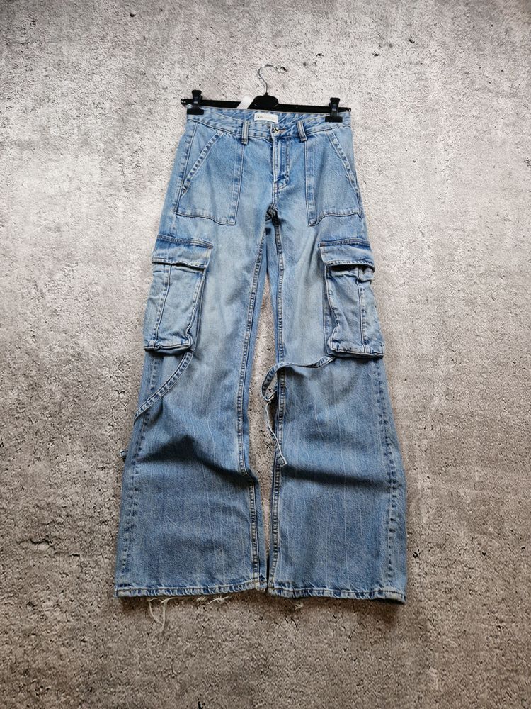FLARED Blue Denim Cargo Pants