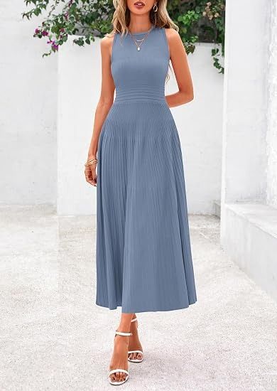 Blue Sleeveless Pleated Midi Dress