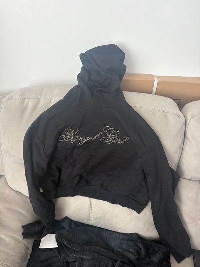 Black Cropped Hoodie With Script Text