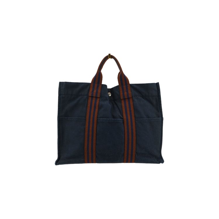Borsa tote Fourre Tout MM Hermes Paris vintage in cotone blu e marrone