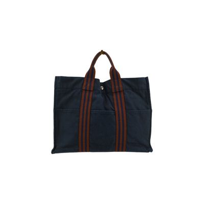 Borsa tote Fourre Tout MM Hermes Paris vintage in cotone blu e marrone