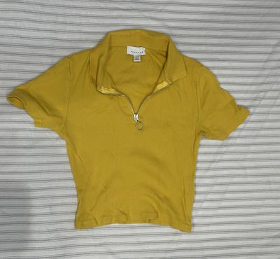 Topshop Yellow Short Sleeve Zip Collar Top