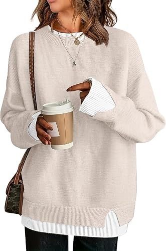 Beige Knit Sweater With White Layered Cuffs