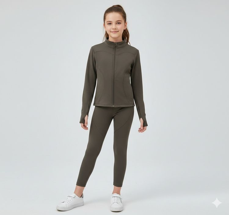 Olive Chocolate brown Zip-Up Jacket And Leggings Set product image