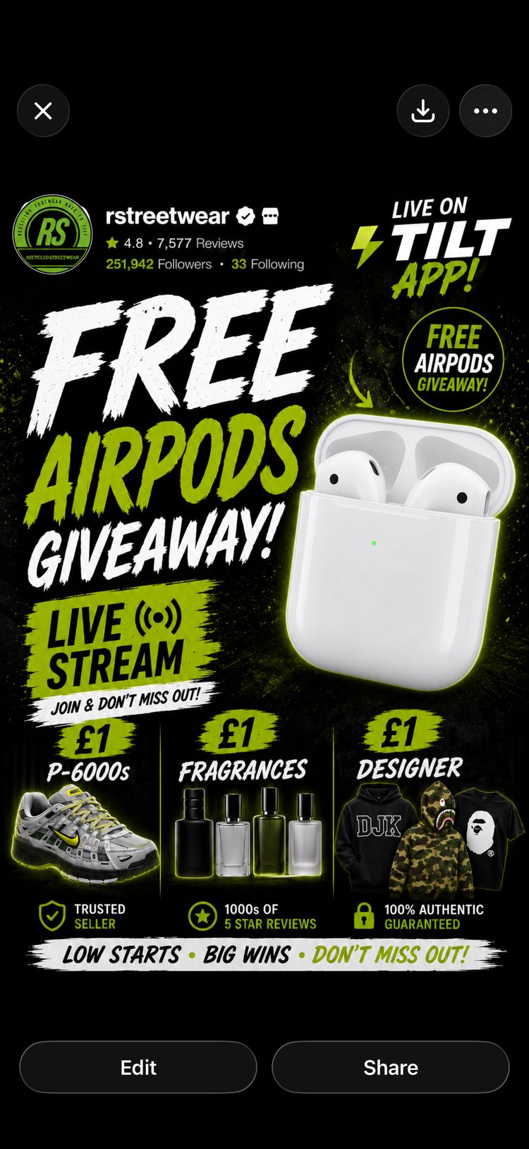 Live Hypewear auction: Free Airpods! 50+ £1 P-6000!  by rstreetwear
