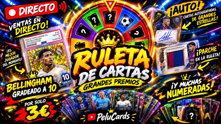 Live auction: 🔥⚽ RULETA DE CARTAS DE FÚTBOL 🎡💎 ¡PeluCards en directo! Cartas sorpresa, numeradas, parches y auténticas joyas 🤑🏆 ¿Qué carta te tocará? 🔥 by pelucards